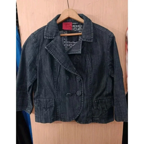 Women's Carols fitted Denim Jean Jacket Size Large 100% cotton Double Breasted - Picture 1 of 6